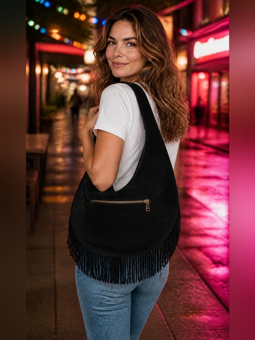 Urban Expressions Black Suede Fringe Hobo Shoulder Bag